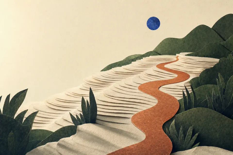 Paper terraces form transcript-like paragraphs beside a copper path leading toward a cobalt moon.
